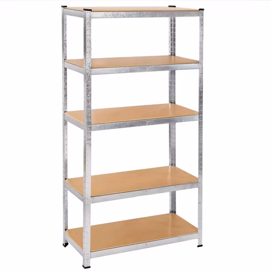 Verstellbares 5-lagiges schraubenloses Metallregal mit verzinktem Regalrahmen und MDF-Platte